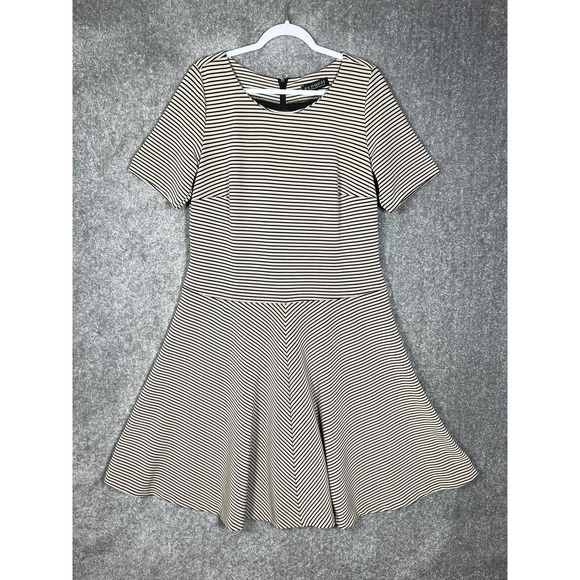 Eloquii Fit & Flare Midi Skater Dress Womens Size 16 Stretch Beige Black Striped - Picture 1 of 9